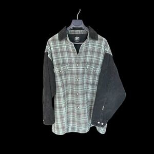 Vintage 90's Gotcha XL Plaid Waffle Knit Shirt Corduroy Sleeves Distressed